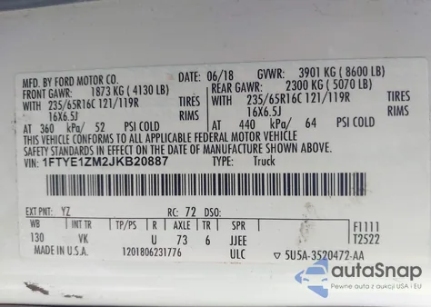 2018 Ford Transit T-150 from USA, damaged, VIN 1FTYE1ZM2JKB20887